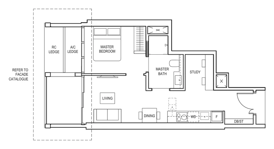 Floor plan of Canninghill Piers type AS2a / AS2a(p), 1-Bedroom + Study, 538 sq ft