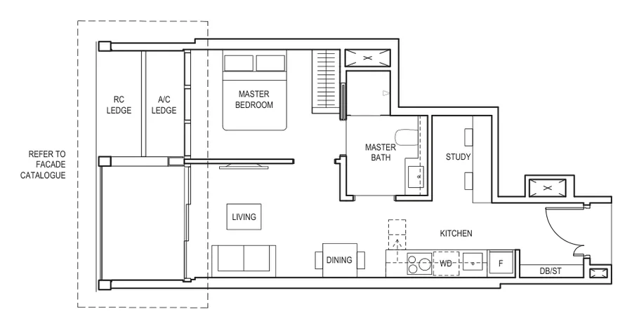 Floor plan of Canninghill Piers type AS2b, 1-Bedroom + Study, 538 sq ft