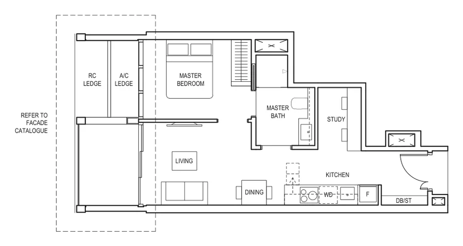 Floor plan of Canninghill Piers type AS2c, 1-Bedroom + Study, 538 sq ft