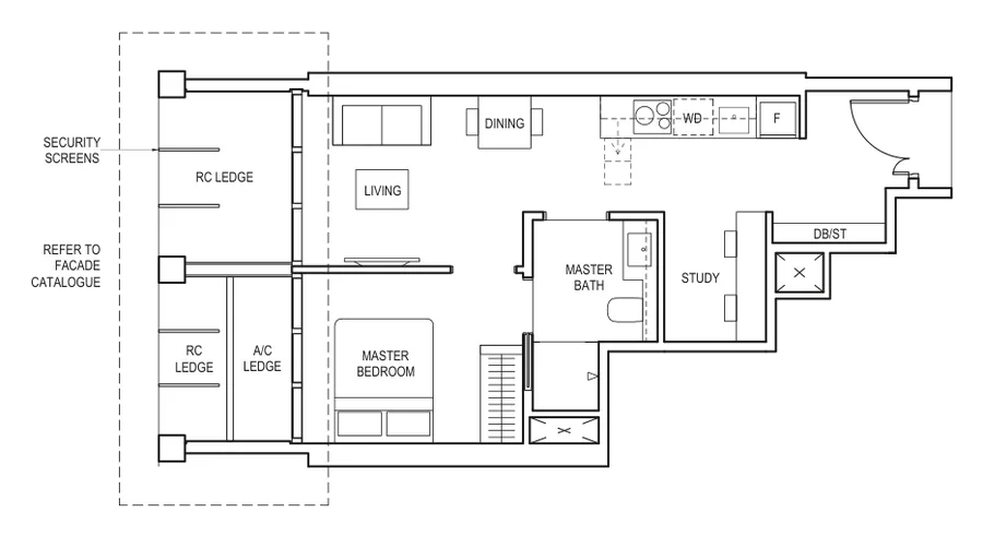 Floor plan of Canninghill Piers type AS3 / AS3(p), 1-Bedroom + Study, 484 sq ft
