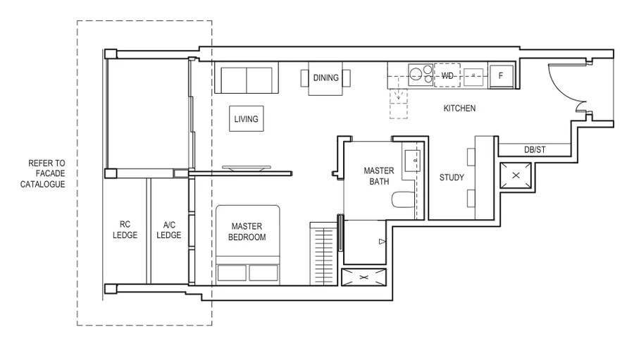 Floor plan of Canninghill Piers type AS3a / AS3a(p), 1-Bedroom + Study, 549 sq ft