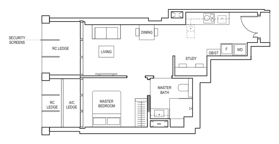 Floor plan of Canninghill Piers type AS4 / AS4(p), 1-Bedroom + Study, 506 sq ft