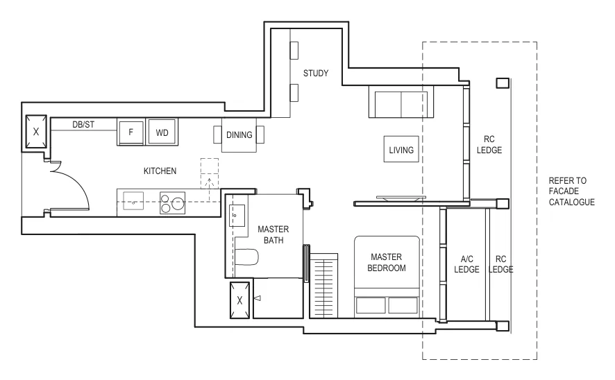 Floor plan of Canninghill Piers type AS5, 1-Bedroom + Study, 506 sq ft