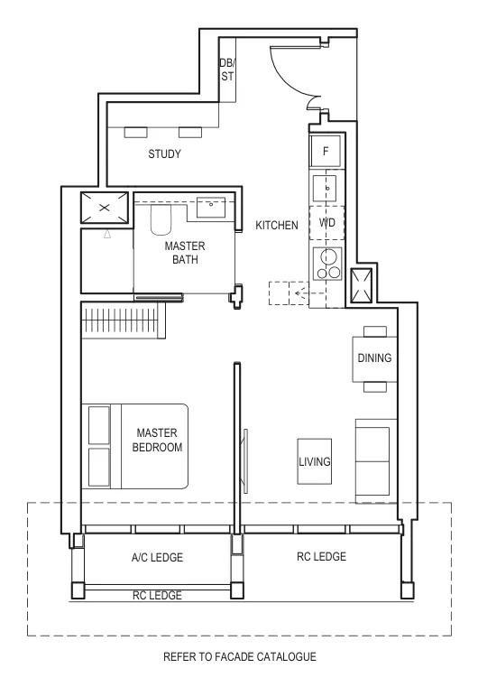 Floor plan of Canninghill Piers type AS6, 1-Bedroom + Study, 506 sq ft