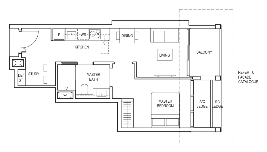 Floor plan of Canninghill Piers type AS7, 1-Bedroom + Study, 538 sq ft
