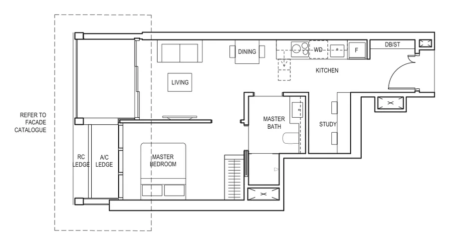 Floor plan of Canninghill Piers type AS8, 1-Bedroom + Study, 560 sq ft