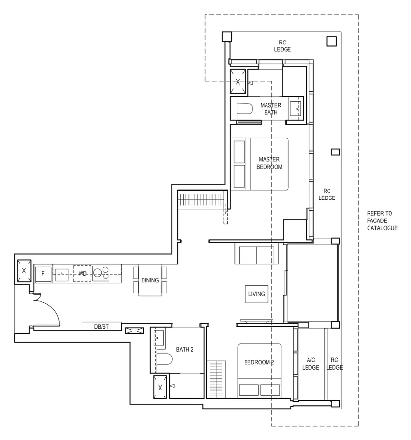 Floor plan of Canninghill Piers type B1, 2-Bedroom, 732 sq ft
