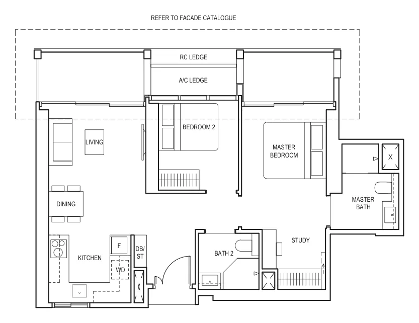 Floor plan of Canninghill Piers type B1(S), 2-Bedroom + Ensuite Study, 829 sq ft