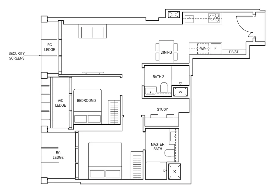 Floor plan of Canninghill Piers type BS1, 2-Bedroom + Study, 732 sq ft