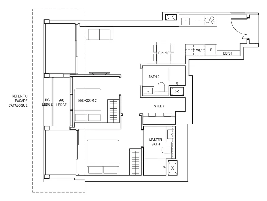 Floor plan of Canninghill Piers type BS1a / BS1a(p), 2-Bedroom + Study, 818 sq ft