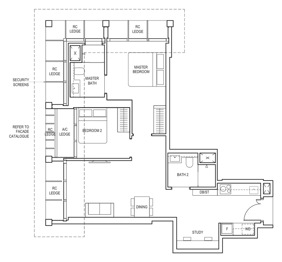 Floor plan of Canninghill Piers type BS2 / BS2(p), 2-Bedroom + Study, 797 sq ft