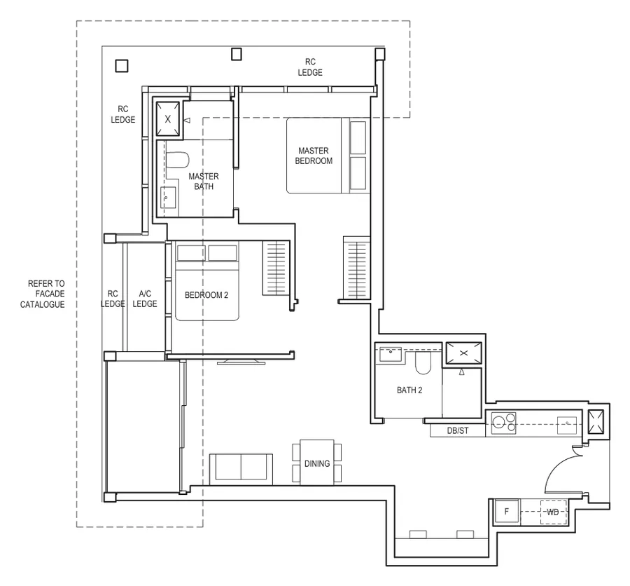Floor plan of Canninghill Piers type BS2a / BS2a(p), 2-Bedroom + Study, 829 sq ft