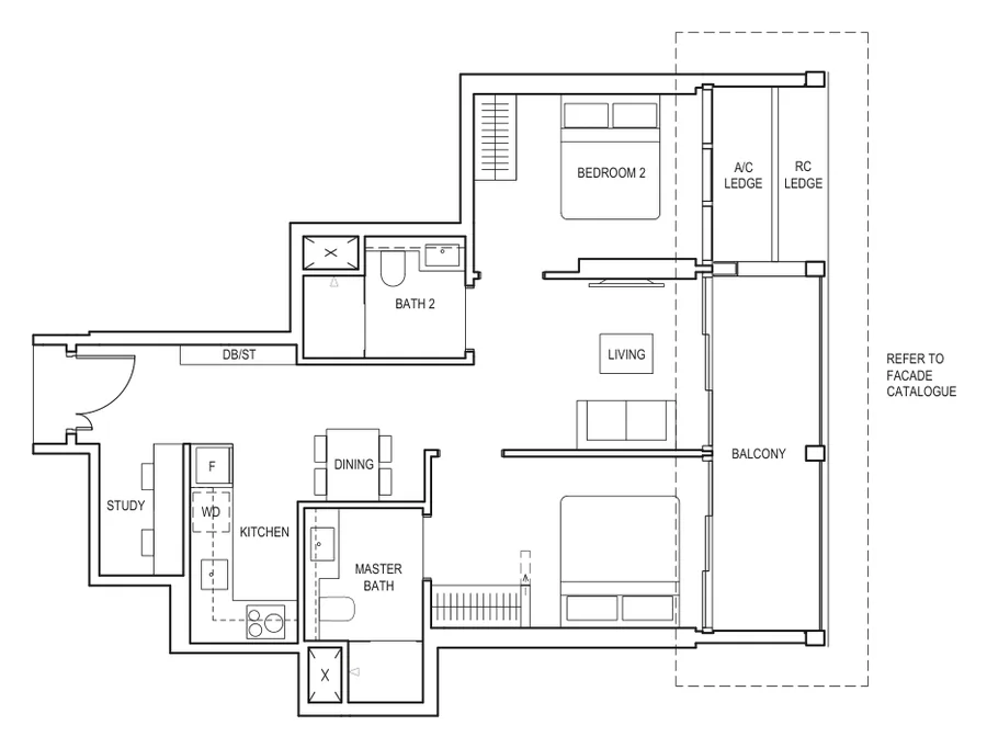 Floor plan of Canninghill Piers type BS3, 2-Bedroom + Study, 807 sq ft