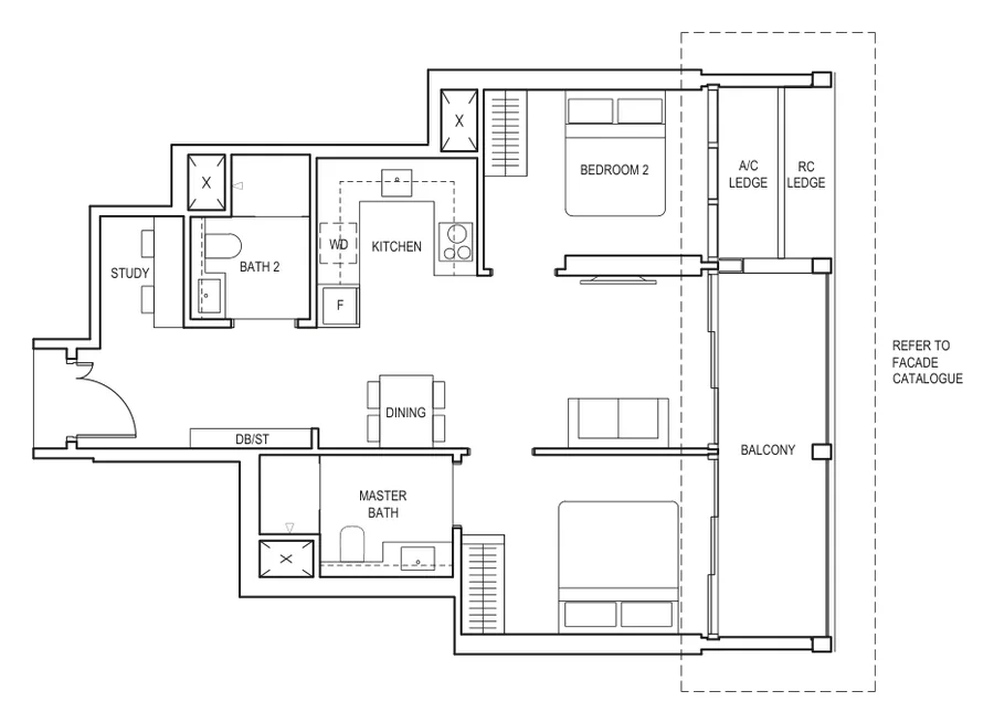 Floor plan of Canninghill Piers type BS4, 2-Bedroom + Study, 807 sq ft