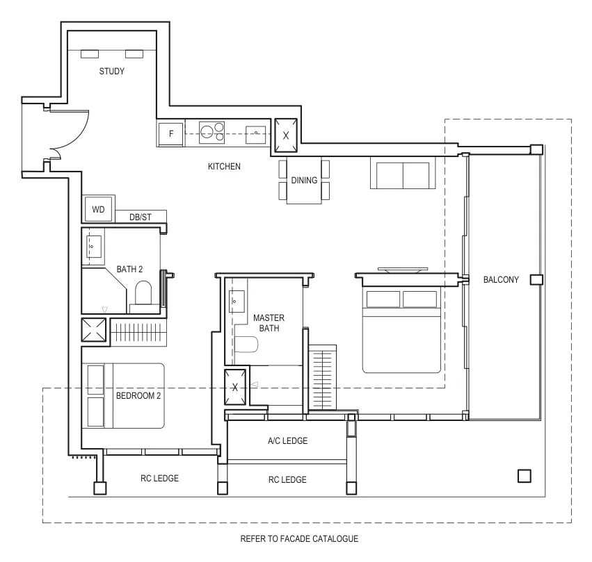 Floor plan of Canninghill Piers type BS6, 2-Bedroom + Study, 883 sq ft