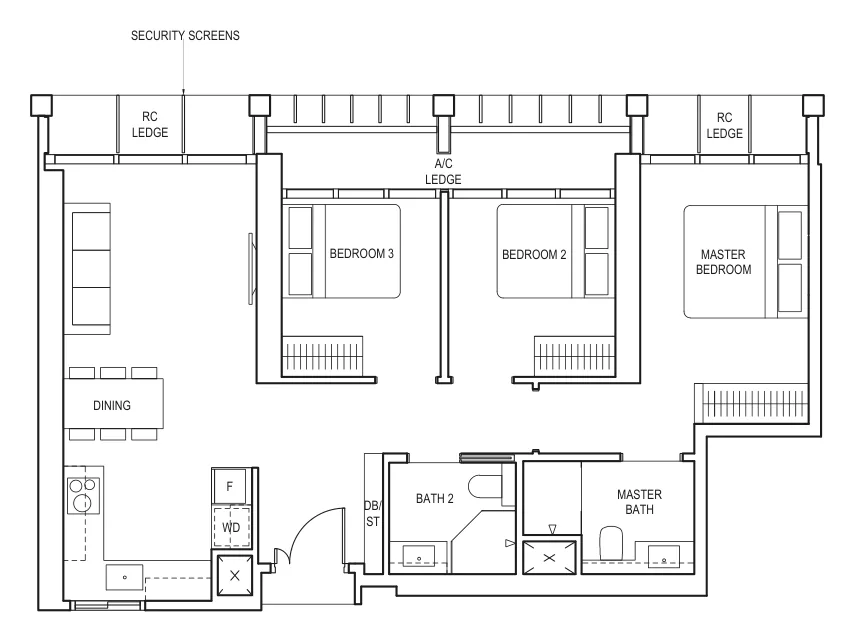 Floor plan of Canninghill Piers type C1, 3-Bedroom, 893 sq ft