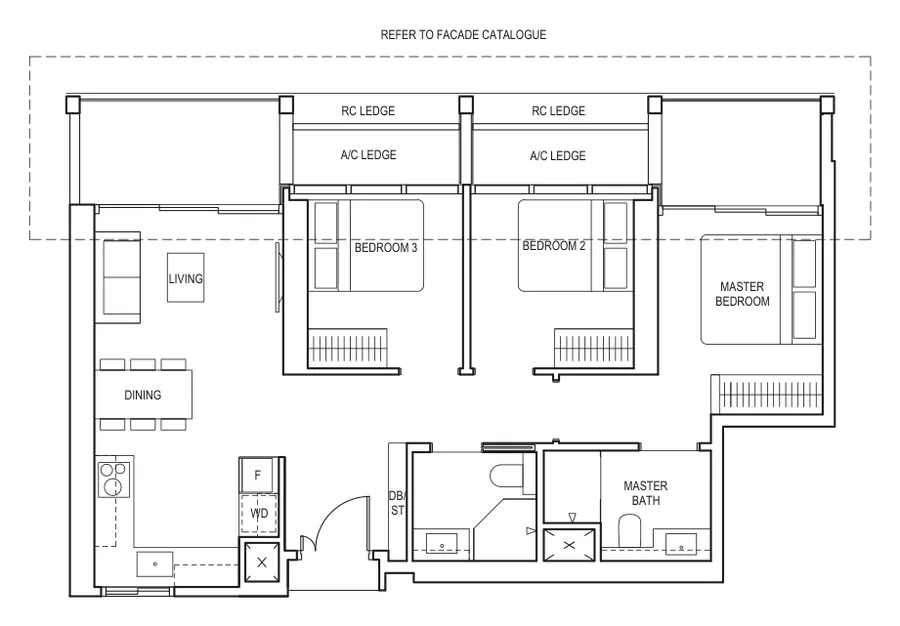 Floor plan of Canninghill Piers type C1a, 3-Bedroom, 947 sq ft