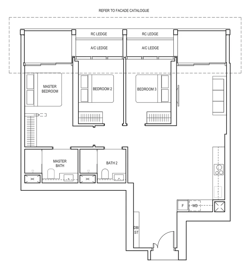 Floor plan of Canninghill Piers type C2, 3-Bedroom, 1,130 sq ft