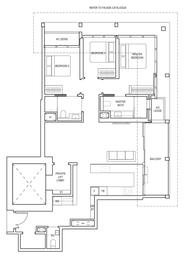 Floor plan of Canninghill Piers type CP1, 3-Bedroom Premium, 1,313 sq ft