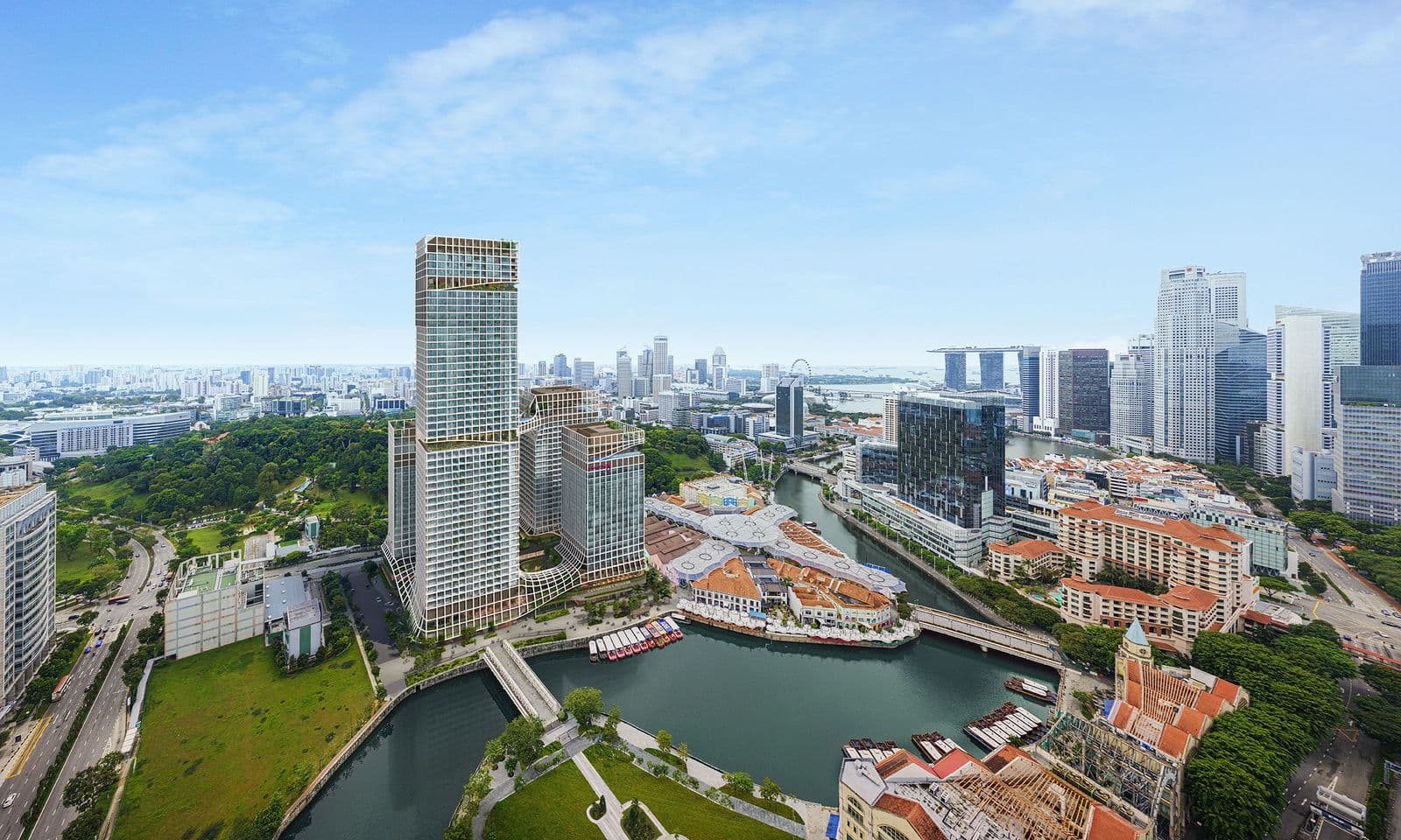Artist's impression of CanningHill Piers from above the Singapore River: the 48-storey tower at the water's edge, the 24-storey tower behind it joined by a sky bridge, Fort Canning Hill to the left and Clarke Quay to the right