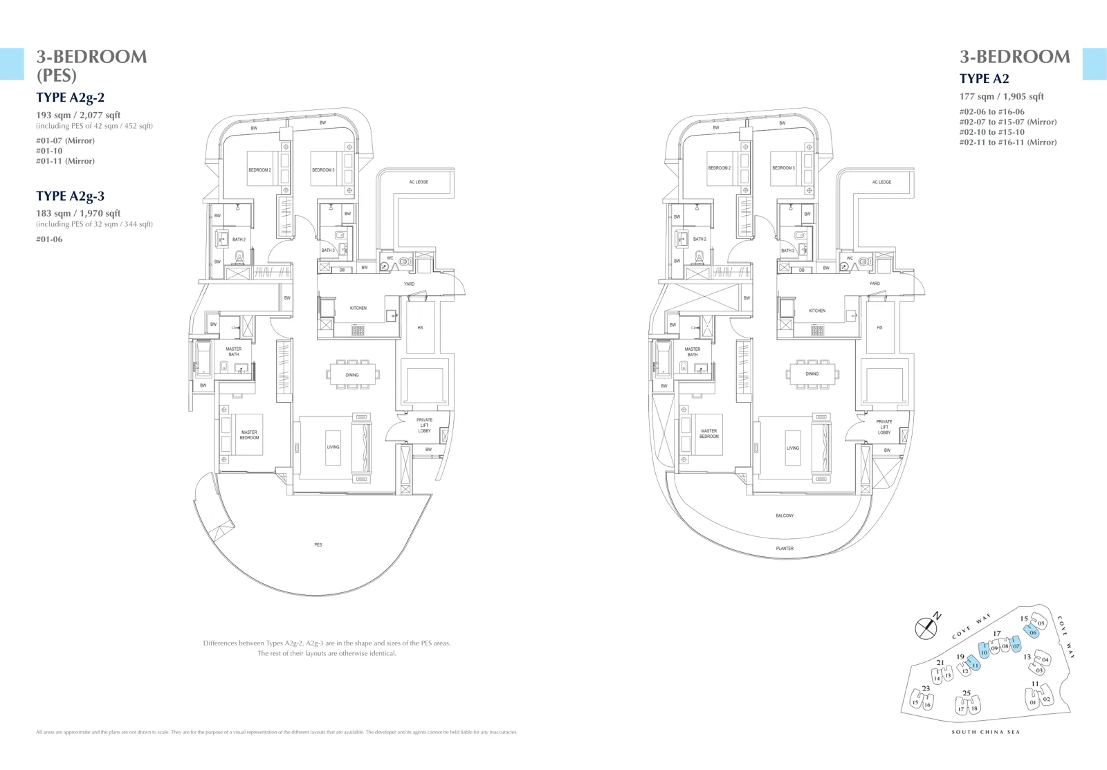 Floor plan of Cape Royale type A2 / A2g-2 / A2g-3, 3-Bedroom, 1,905 to 2,077 sq ft