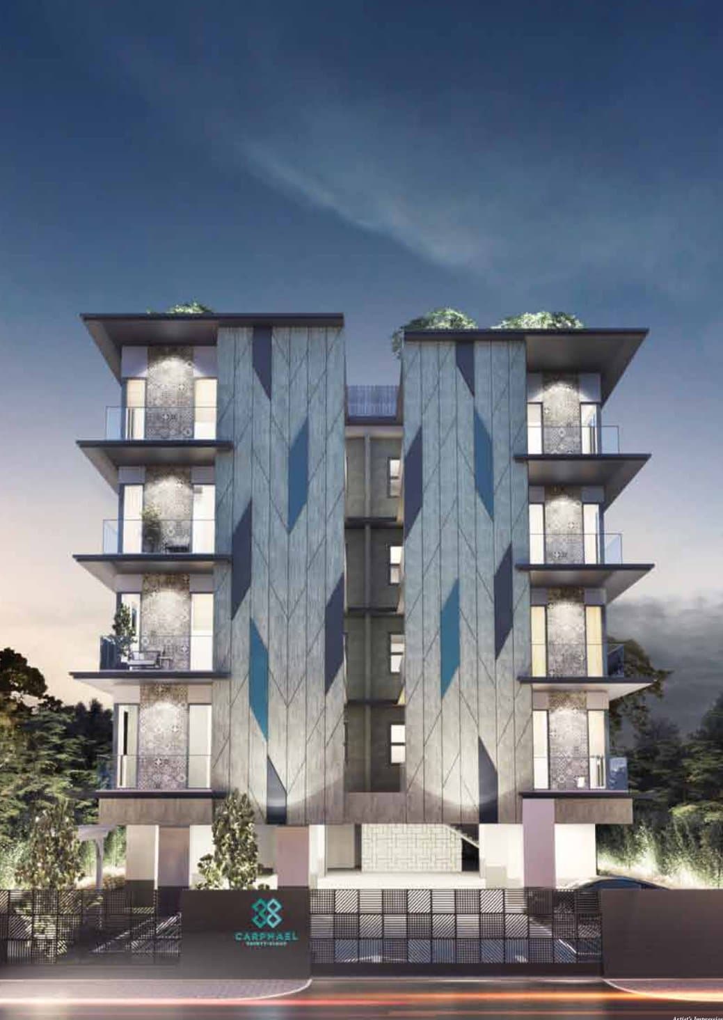 Carpmael Thirty-Eight: the five-storey block with its patterned screen facade, at dusk