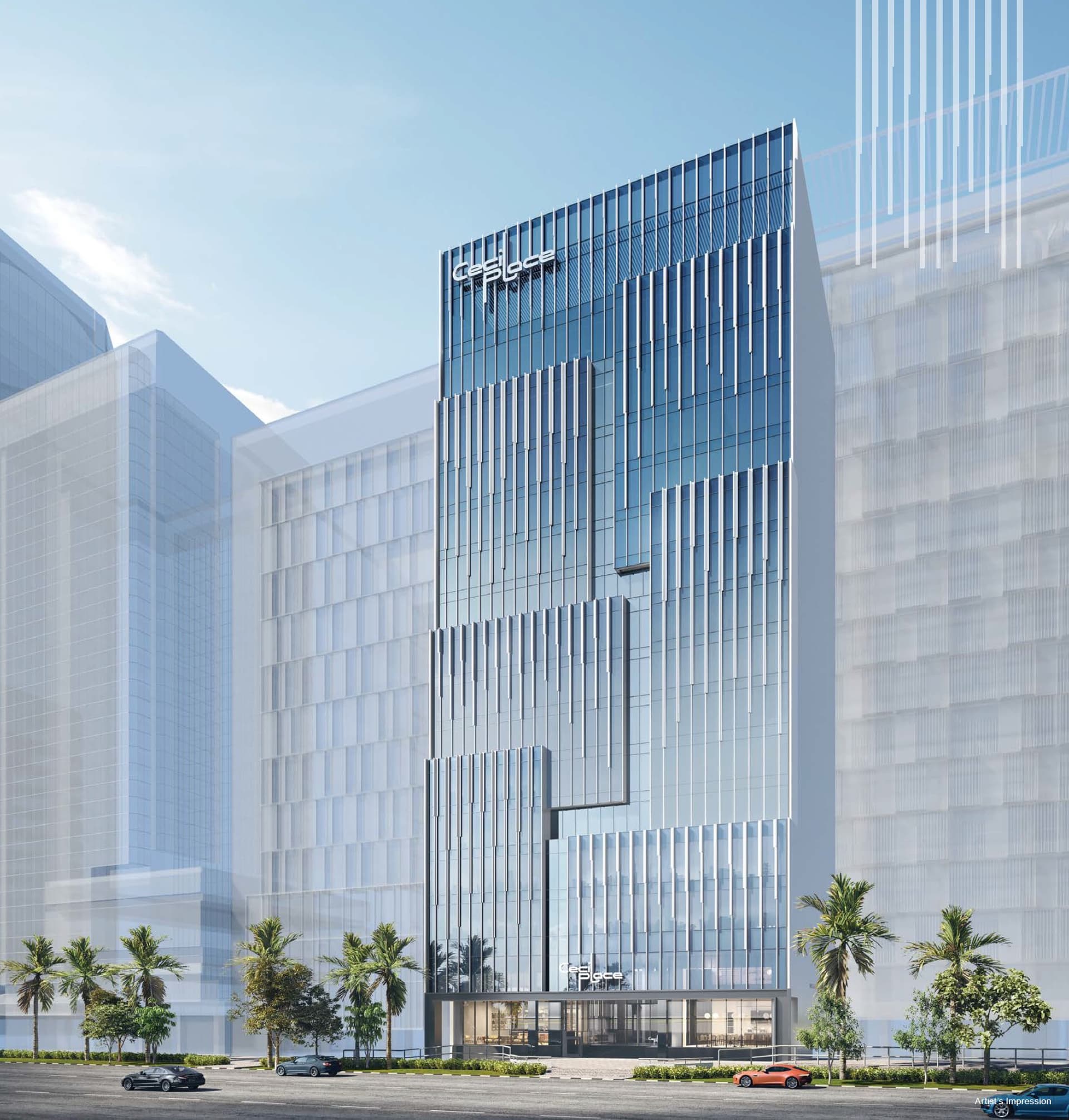 Cecil Place, a 15-storey glass office building with vertical fins on Cecil Street