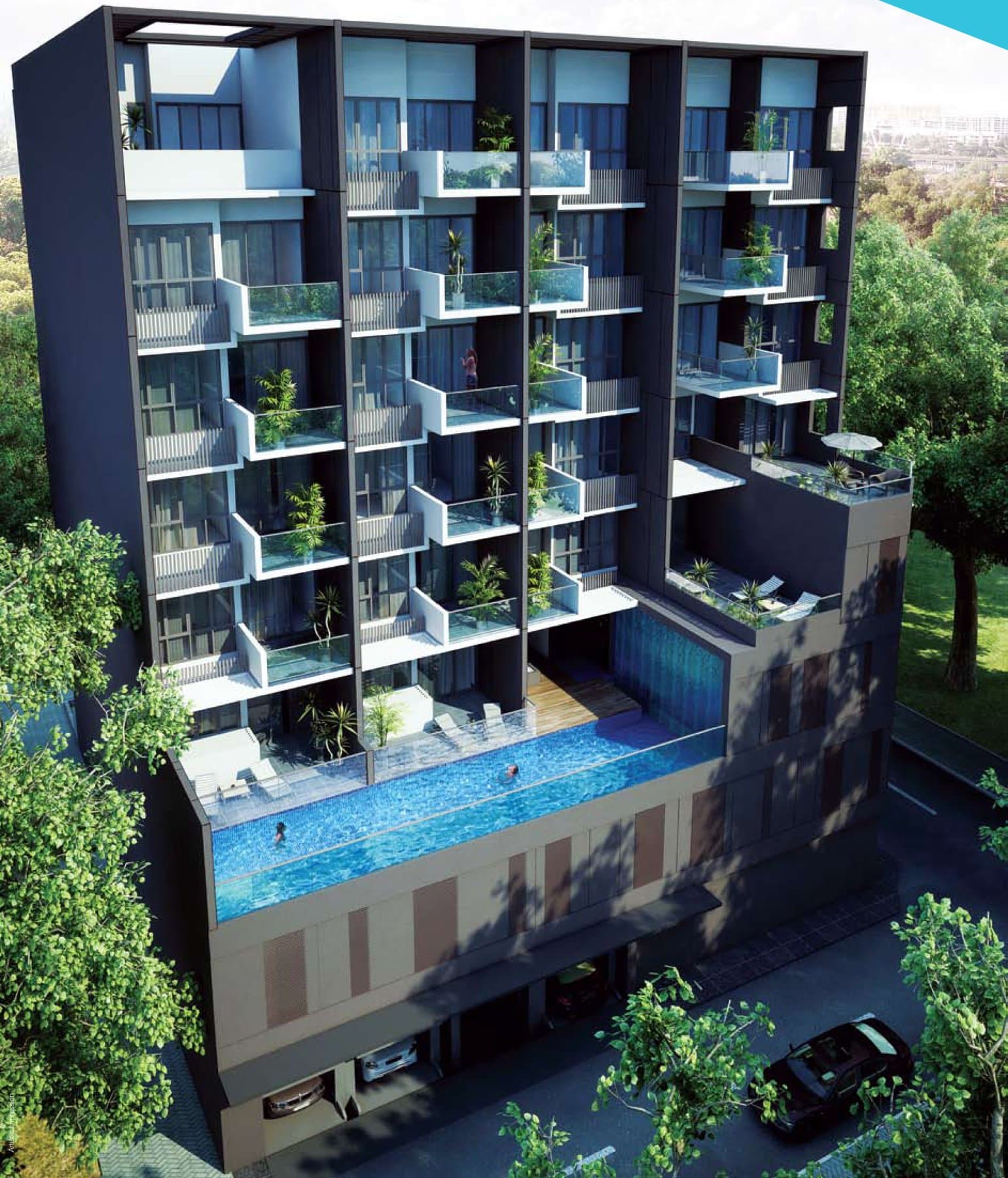 Centra Loft: the 8-storey block with its glass-edged pool deck on Lorong 35 Geylang
