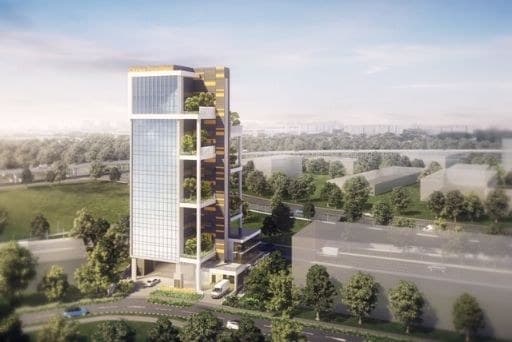 Artist's impression of Citrine Foodland, a nine-storey glass food factory with planted sky terraces on Kim Chuan Drive