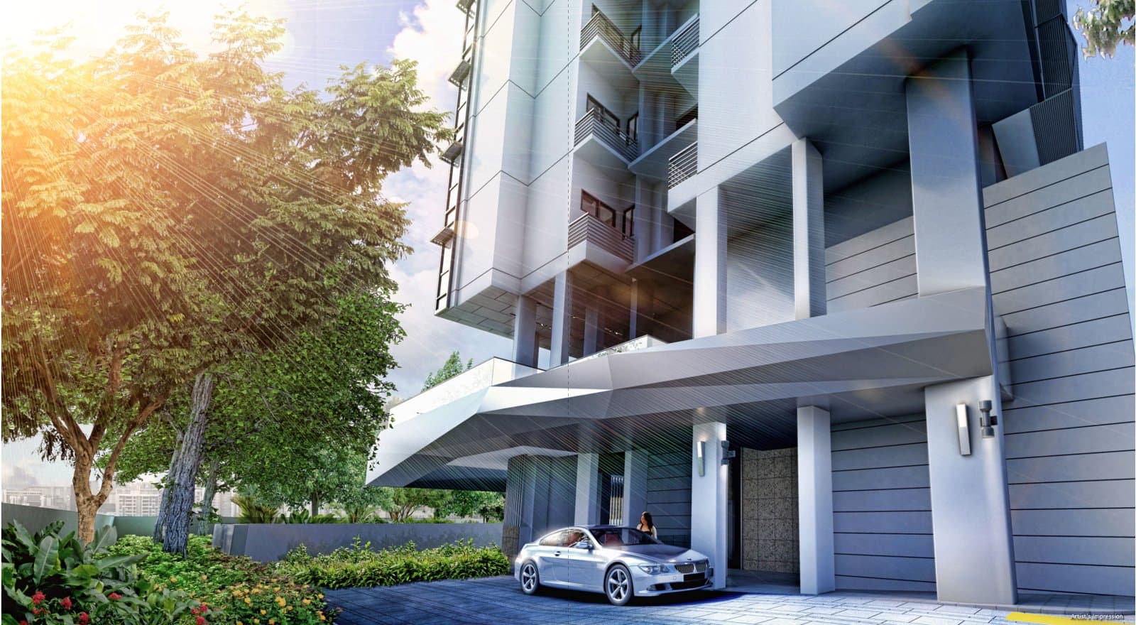 City Suites: the drop-off porch under the block, with the balconies stepping up above