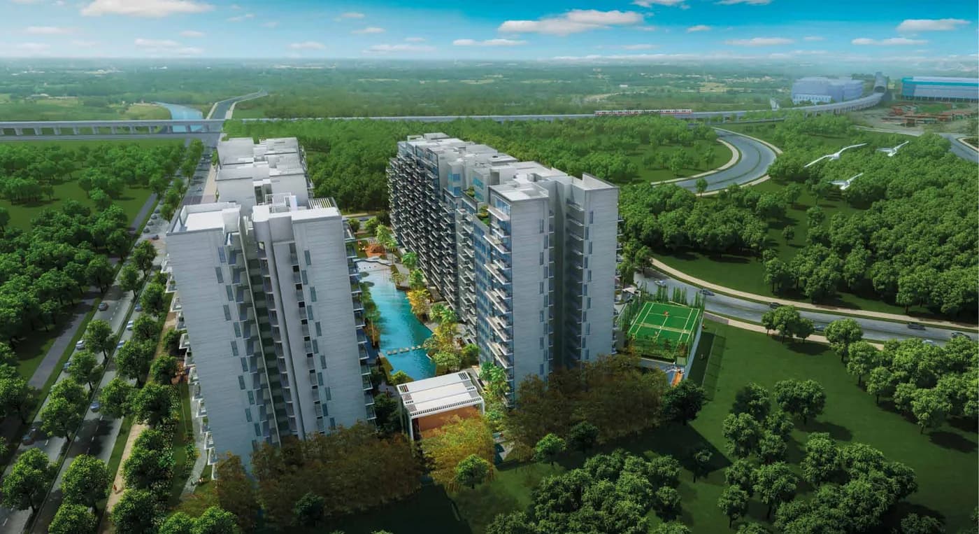 CityLife @ Tampines: two rows of blocks either side of the long pool, from the air