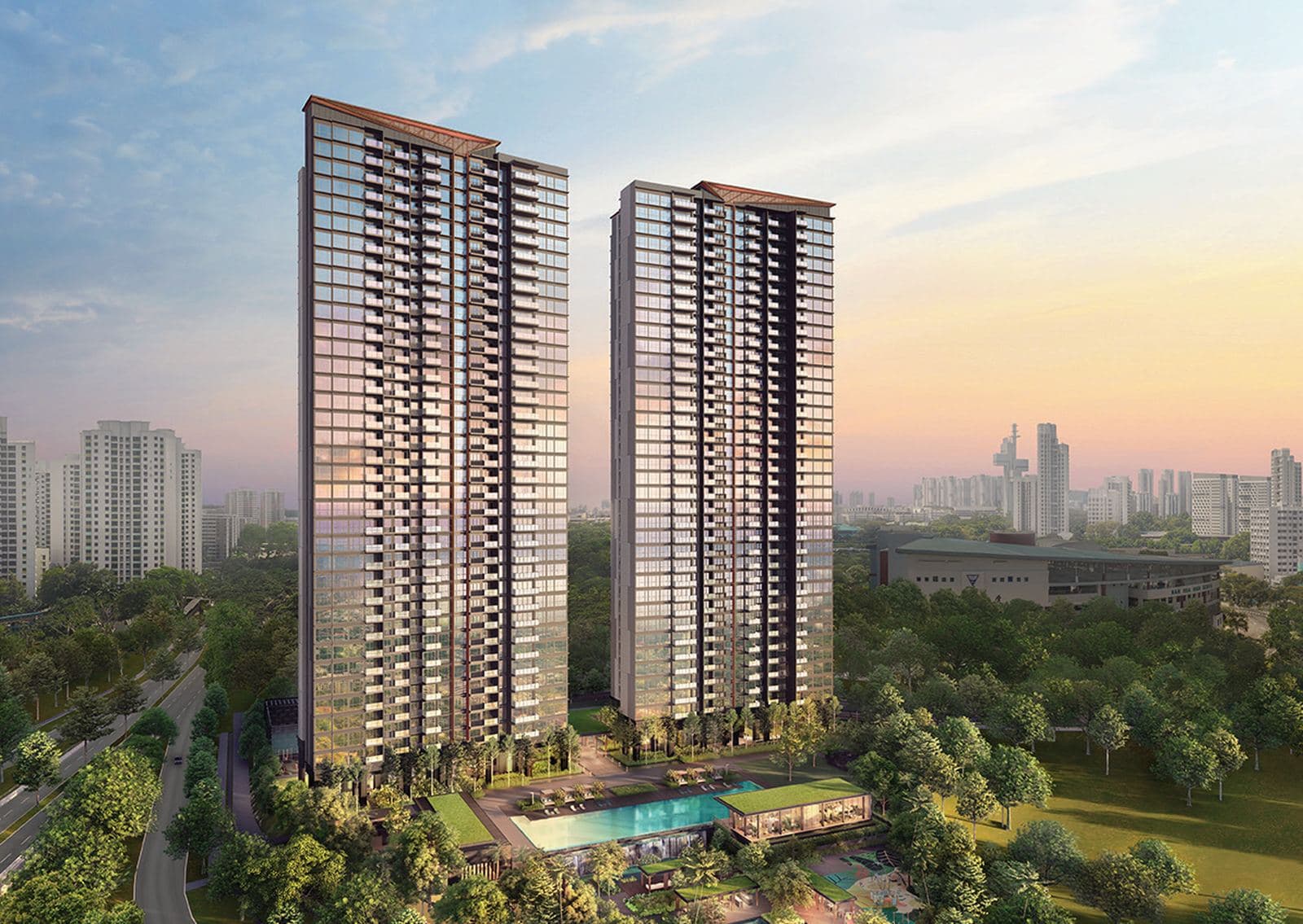 Artist's impression of Clavon: two 37-storey towers above the pool deck, seen from the south at dusk