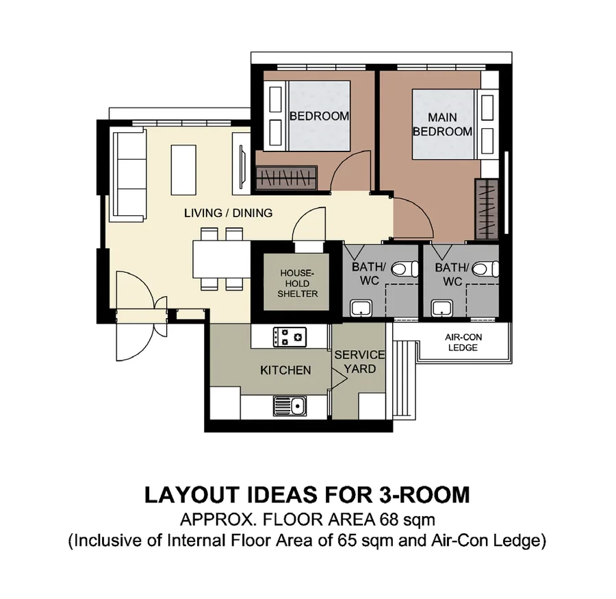 HDB floor plan of a 3-room flat at Clementi NorthArc, about 68 sqm