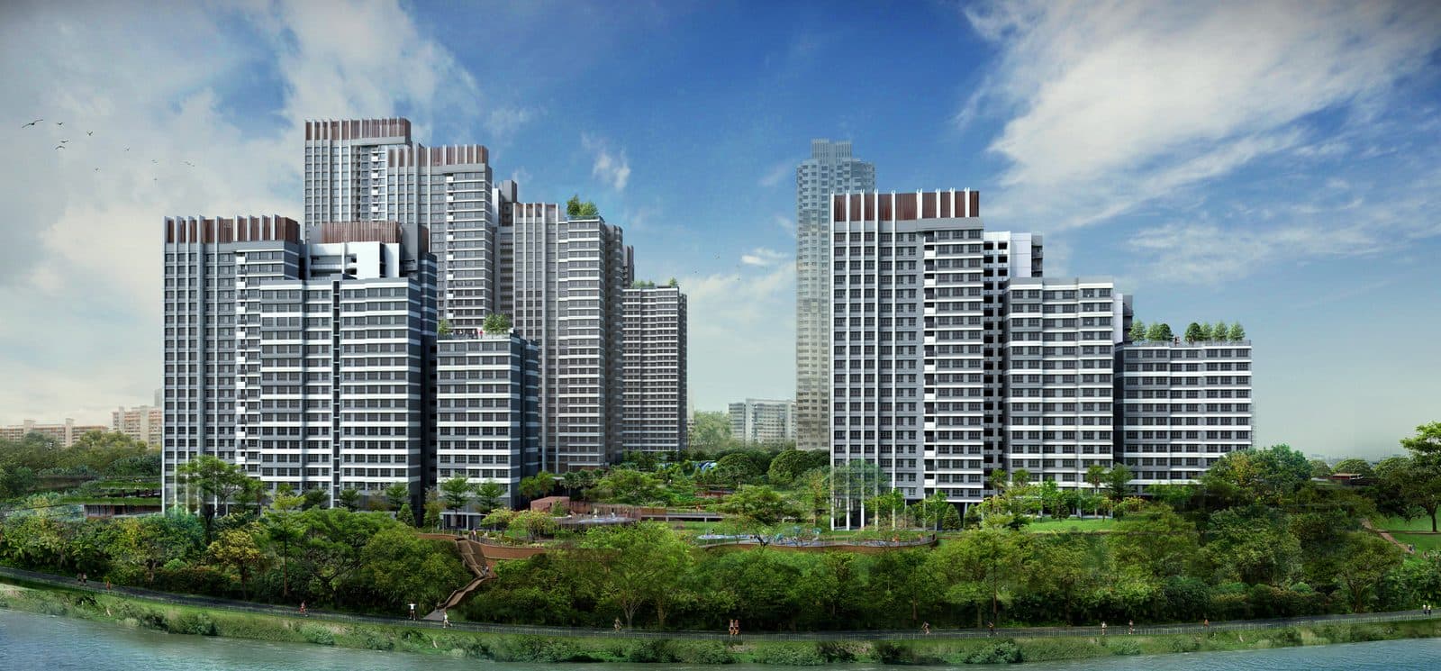 Artist’s impression of Clementi NorthArc: white HDB towers of up to 40 storeys behind trees and the Sungei Ulu Pandan park connector