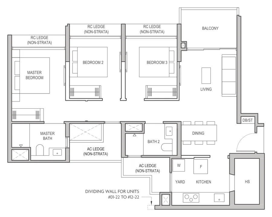 Floor plan of Coastal Cabana (EC) type C1b, 3-Bedroom Deluxe, 872 sq ft