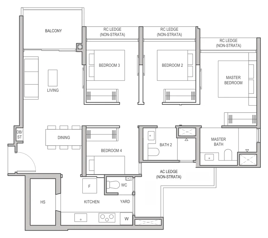 Floor plan of Coastal Cabana (EC) type D1, 4-Bedroom Classic, 990 sq ft