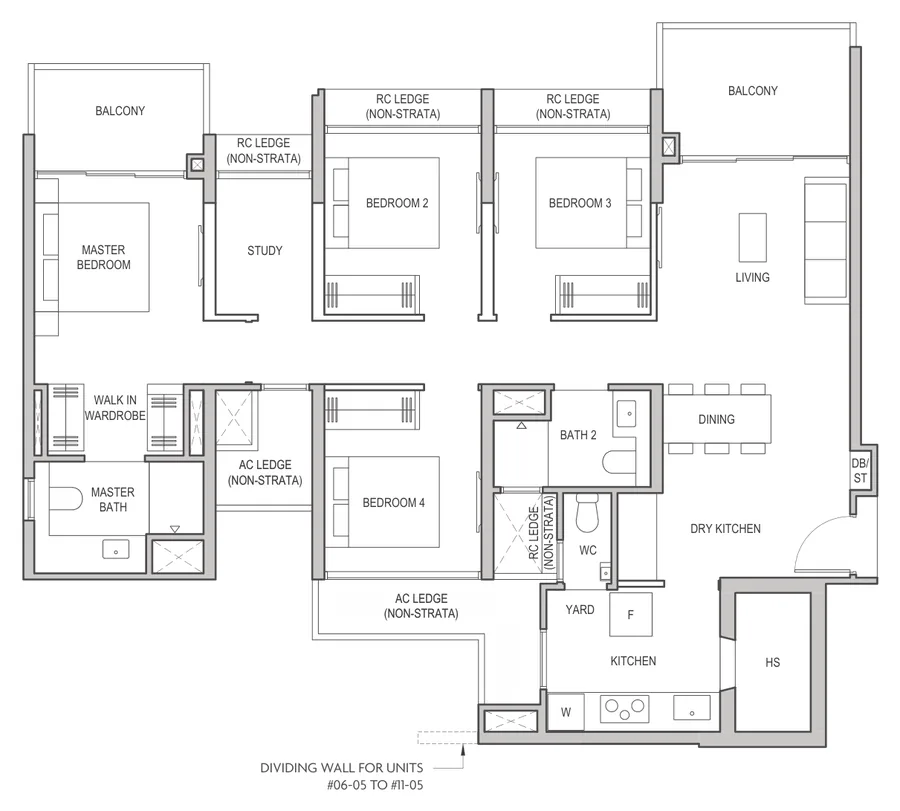 Floor plan of Coastal Cabana (EC) type D4-B, 4-Bedroom Premium + Study, 1,216 sq ft