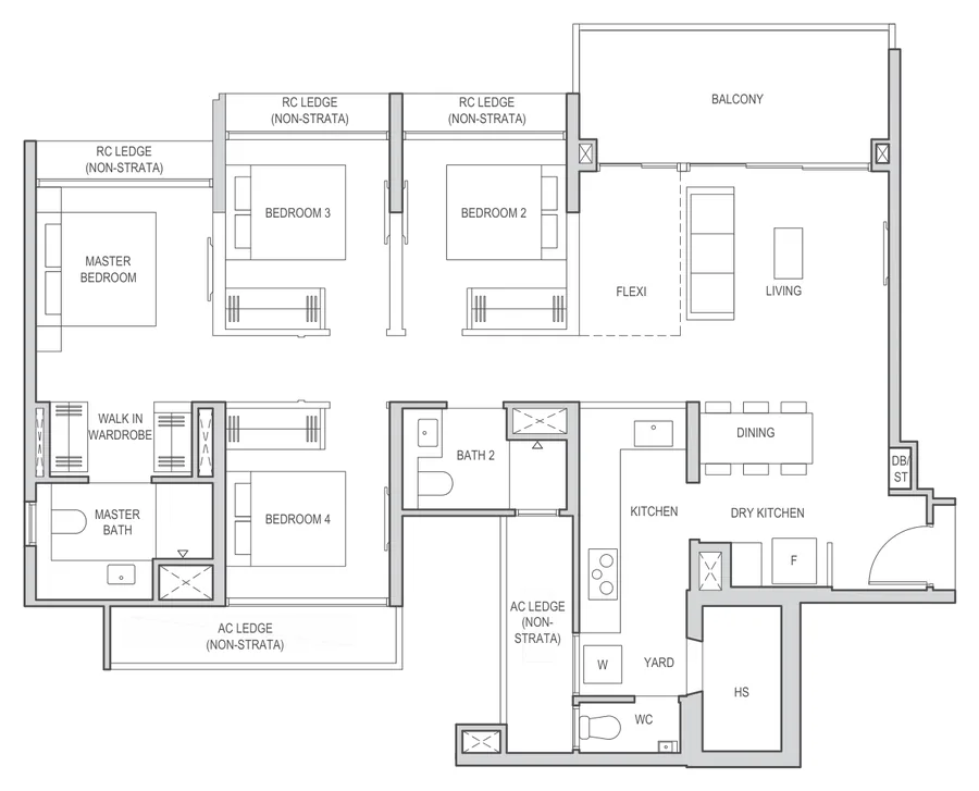 Floor plan of Coastal Cabana (EC) type D5, 4-Bedroom Premium + Flexi, 1,206 sq ft