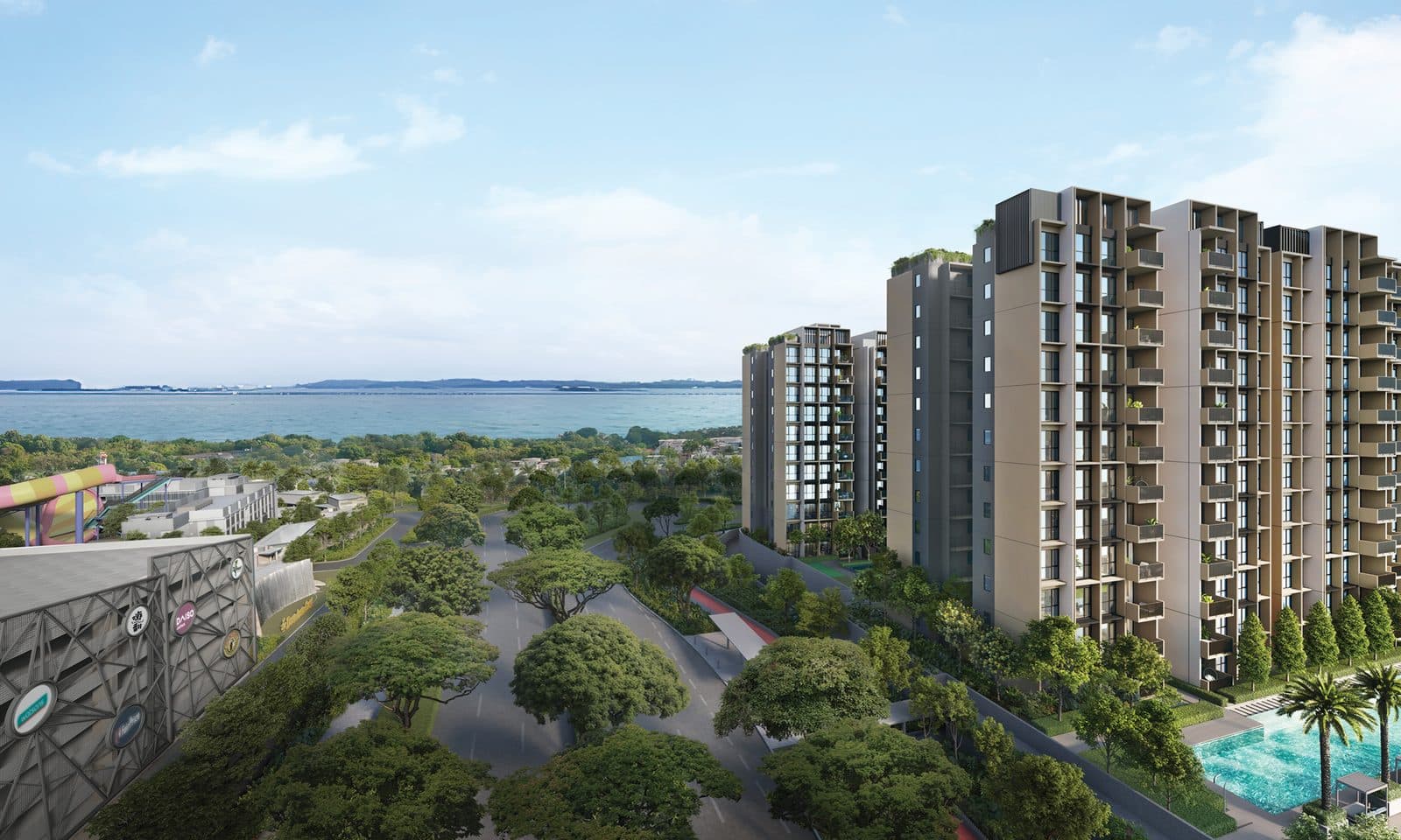 Artist's impression of the 12-storey blocks of Coastal Cabana above the trees, with Downtown East on the left and the sea beyond