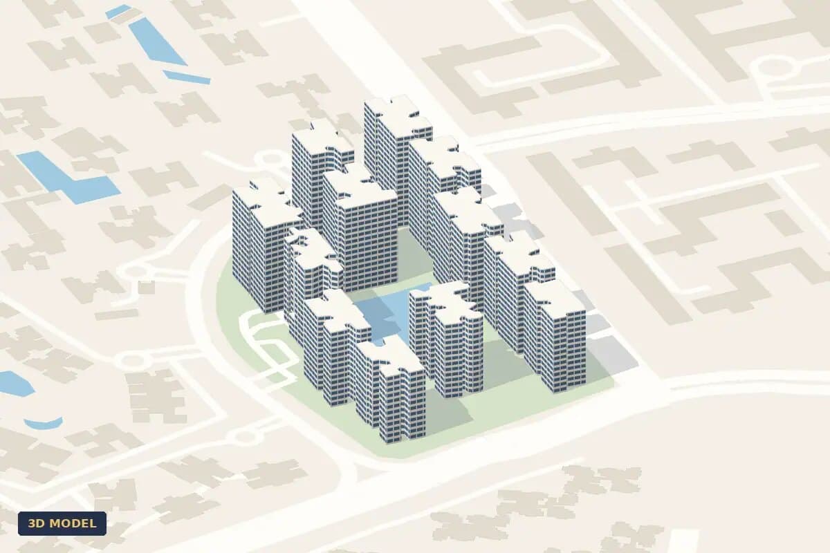 3D model of Coco Palms: the twelve blocks around the pools at Pasir Ris Grove