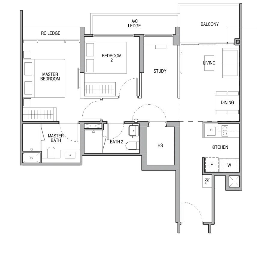 Floor plan of Copen Grand type A1 / A1-PH, 2-Bedroom + Study, 807 to 926 sq ft