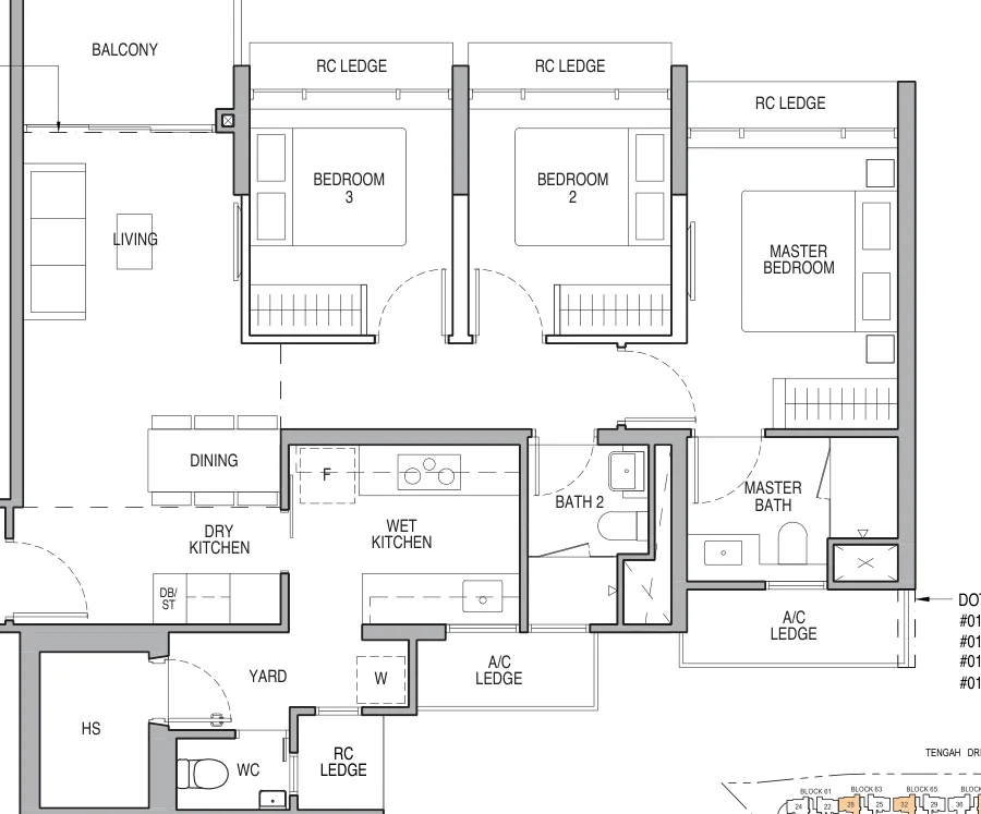 Floor plan of Copen Grand type B6 / B6-P / B6-PH, 3-Bedroom Premium, 1,012 to 1,184 sq ft