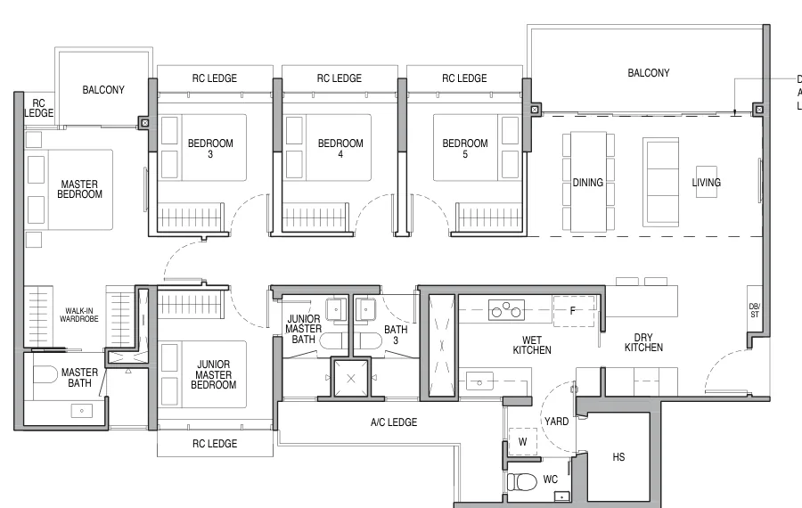Floor plan of Copen Grand type D1 / D1-P / D1-PH, 5-Bedroom Premium, 1,518 to 1,679 sq ft