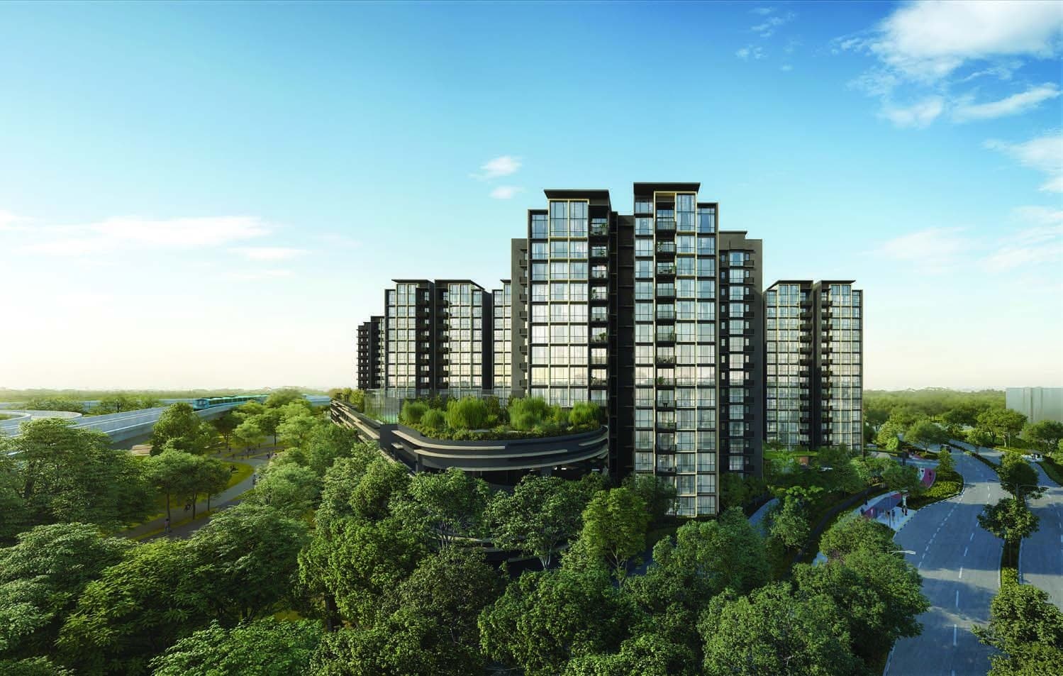 Artist's impression of Copen Grand: the 14-storey blocks rising behind the trees of Tengah, with the clubhouse's green roof in front