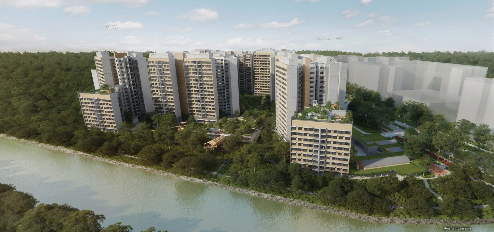 Artist’s impression of Costa Grove: white HDB blocks of 12 to 18 storeys with roof gardens beside Sungei Api Api and its mangroves