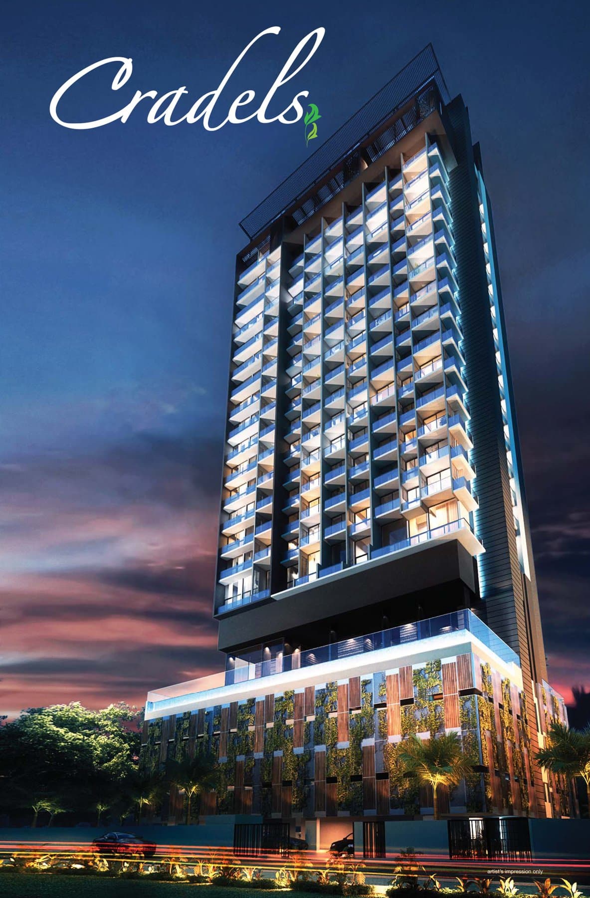 Cradels at dusk: a slim 21-storey tower over a podium on Lorong Limau