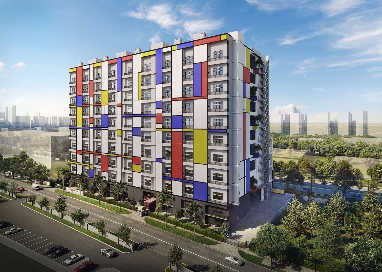 Artist's impression of CT FoodNEX, a ten-storey food factory with a red, yellow and blue panelled front along Mandai Estate