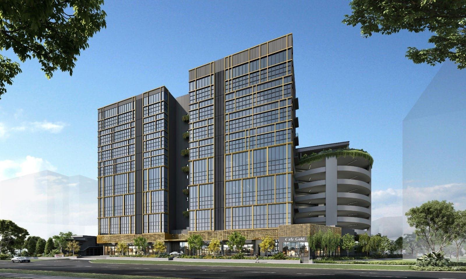 Artist's impression of CT Gold @ MacPherson, a dark glass industrial building with gold frames and a spiral vehicle ramp along Lorong Bakar Batu