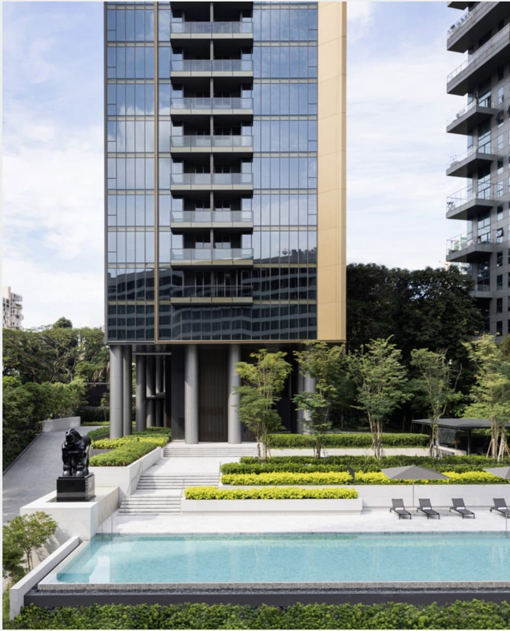 Cuscaden Reserve: the glass and bronze tower above its pool and garden on Cuscaden Road