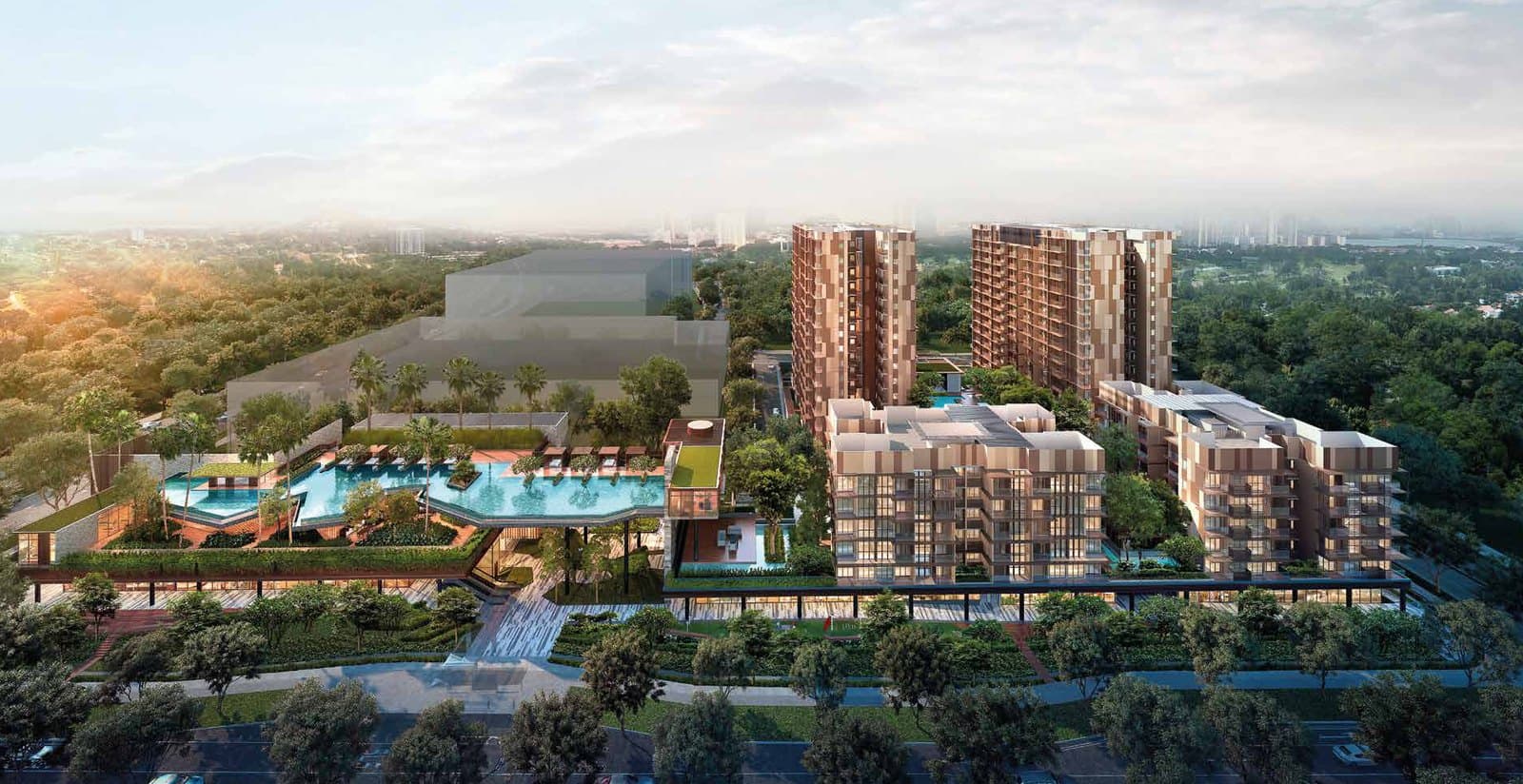 Artist's impression of Dairy Farm Residences from above Petir Road: two 15-storey blocks behind two 5-storey blocks, the pools and decks over the shops to the left, forest all round